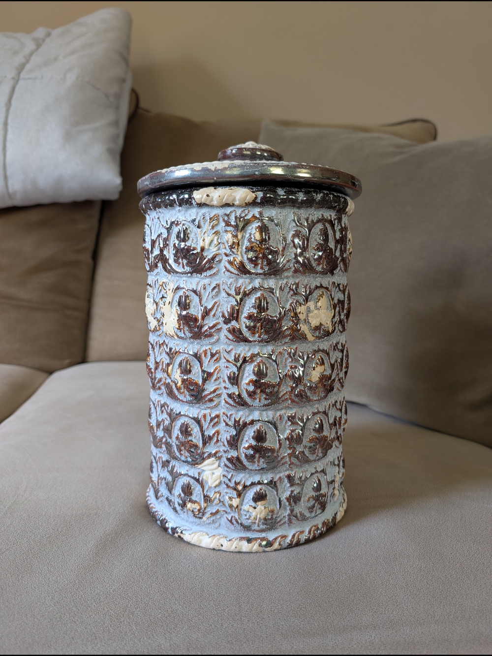 Decorative Ceramic Canister in Distressed White and Brown